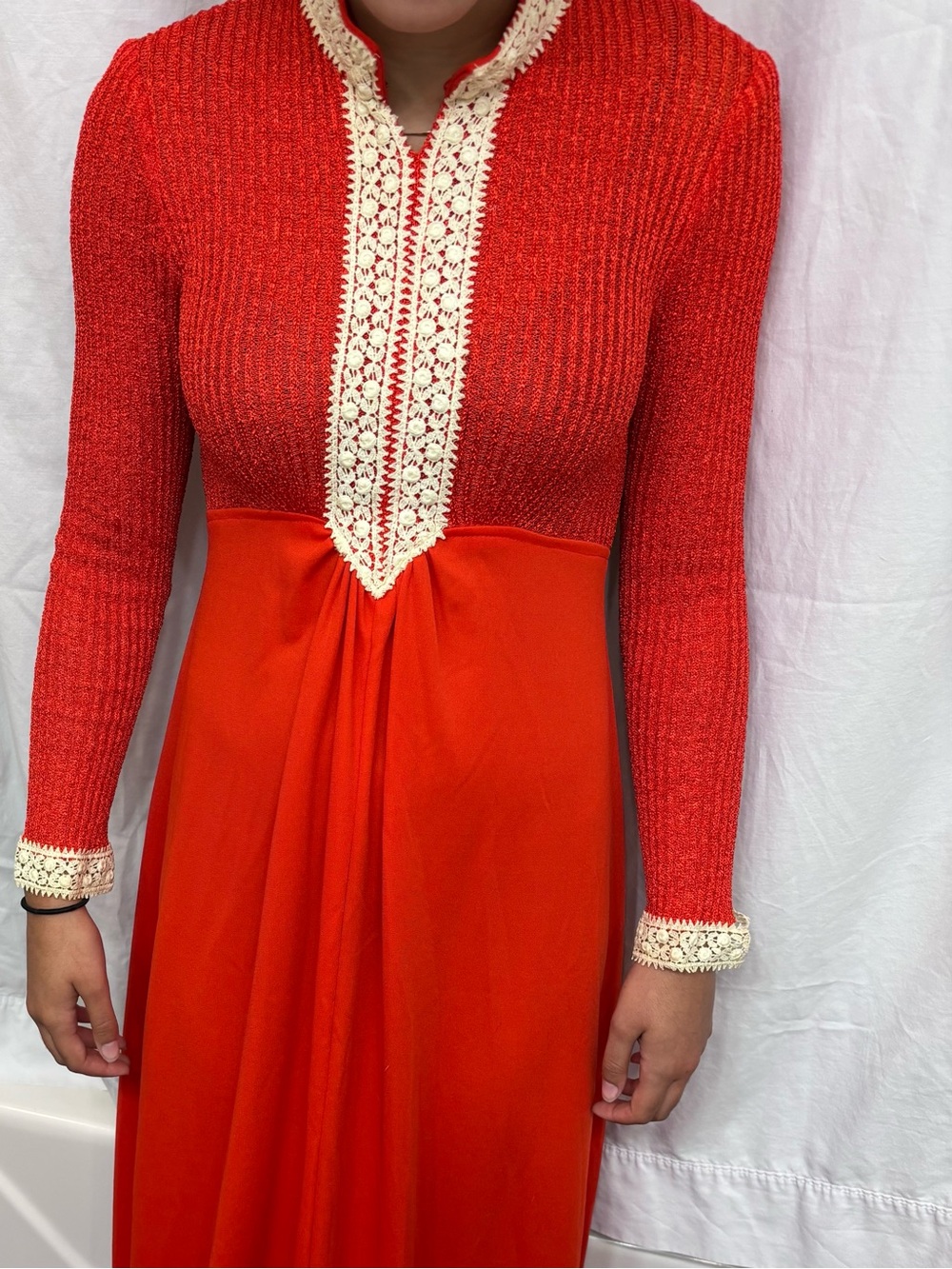 Vintage 1970s Red Maxi Dress with Crochet Trim - Picture 3 of 13
